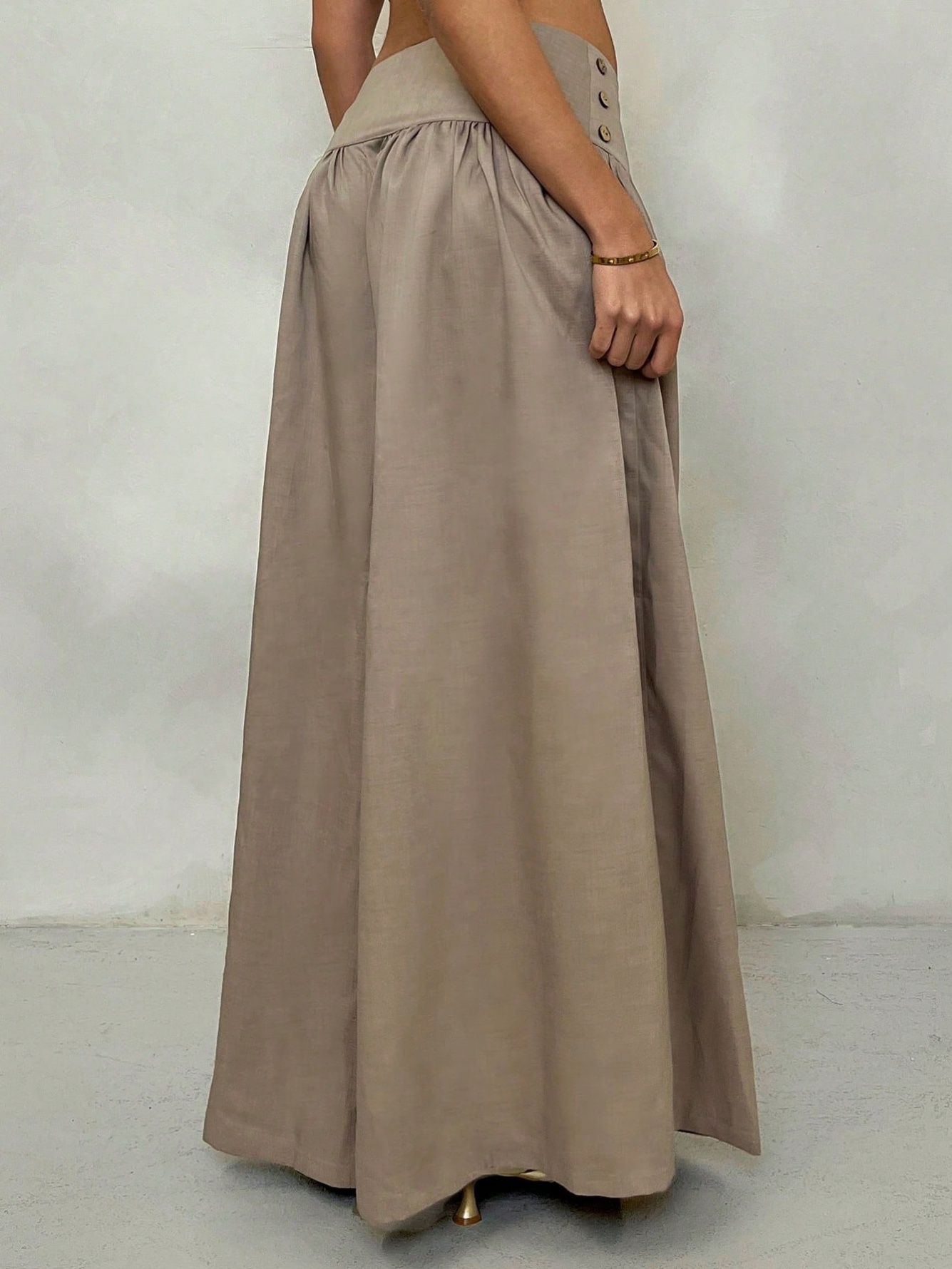Coffee Brown Wide-Leg Pants with Button Detail