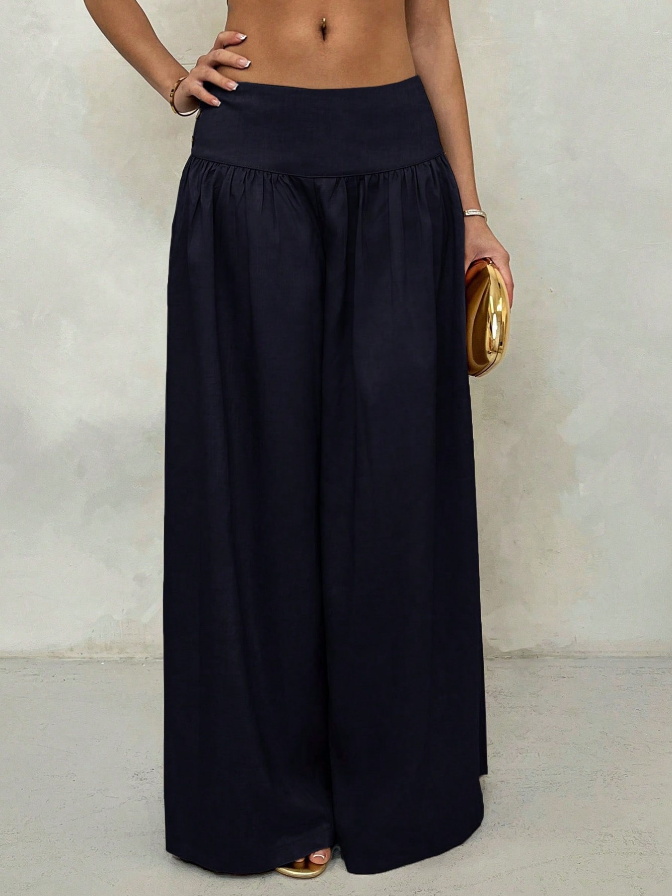 Navy Blue Wide-Leg Trousers with Button Detail