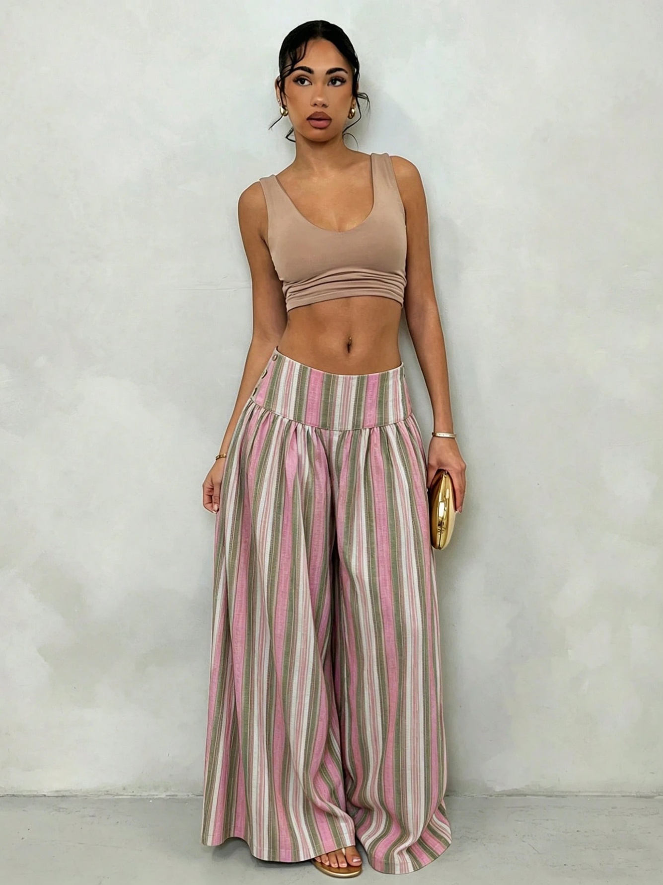 Pink Striped Pants with Button Detail