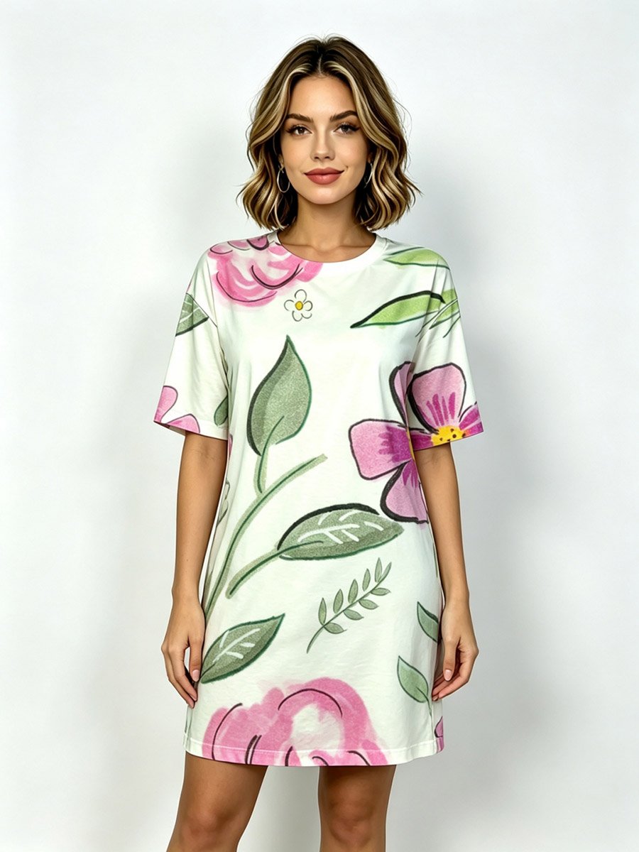 Floral Print Sleep T‑Shirt with Crew Neck