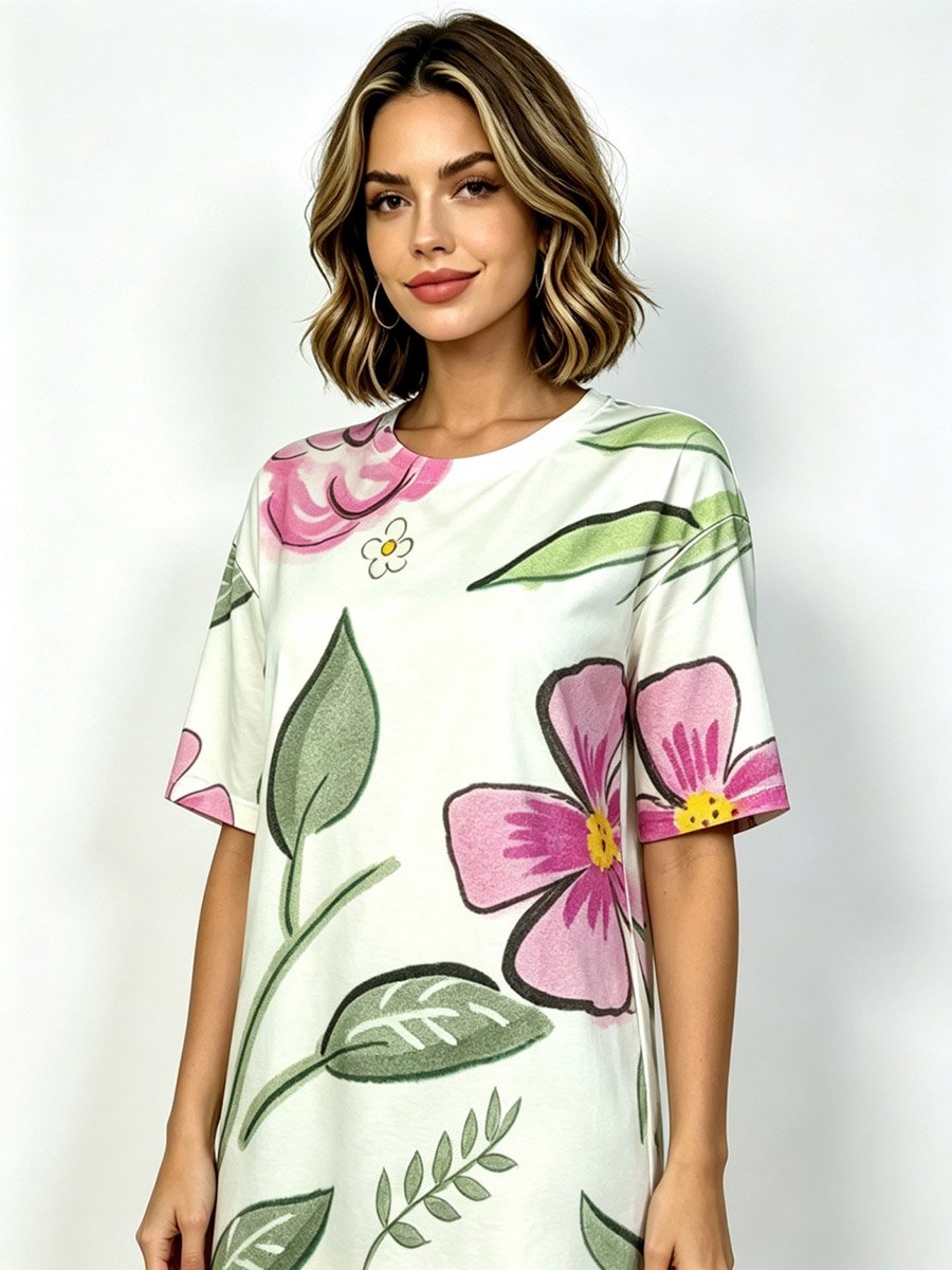 Floral Print Sleep T‑Shirt with Crew Neck