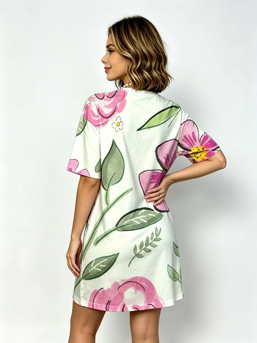 Floral Print Sleep T‑Shirt with Crew Neck