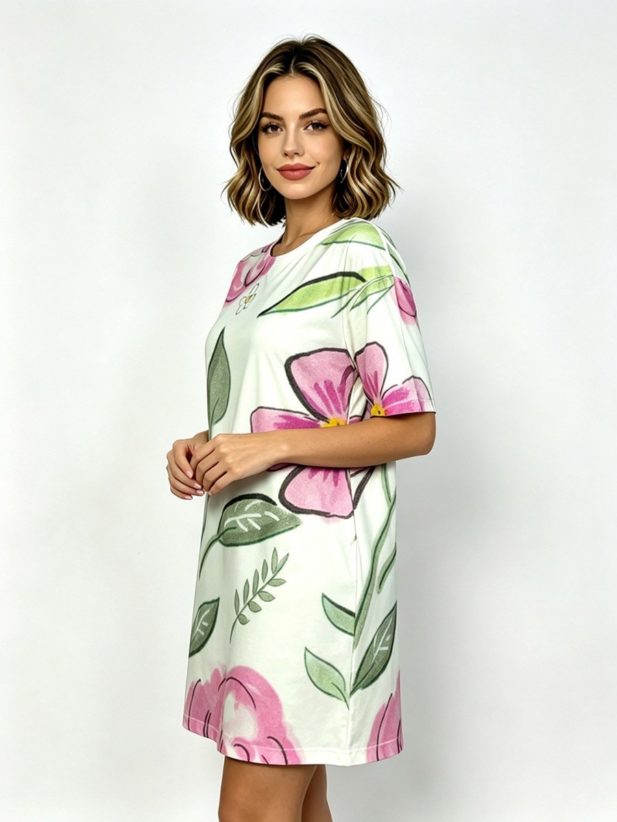 Floral Print Sleep T‑Shirt with Crew Neck