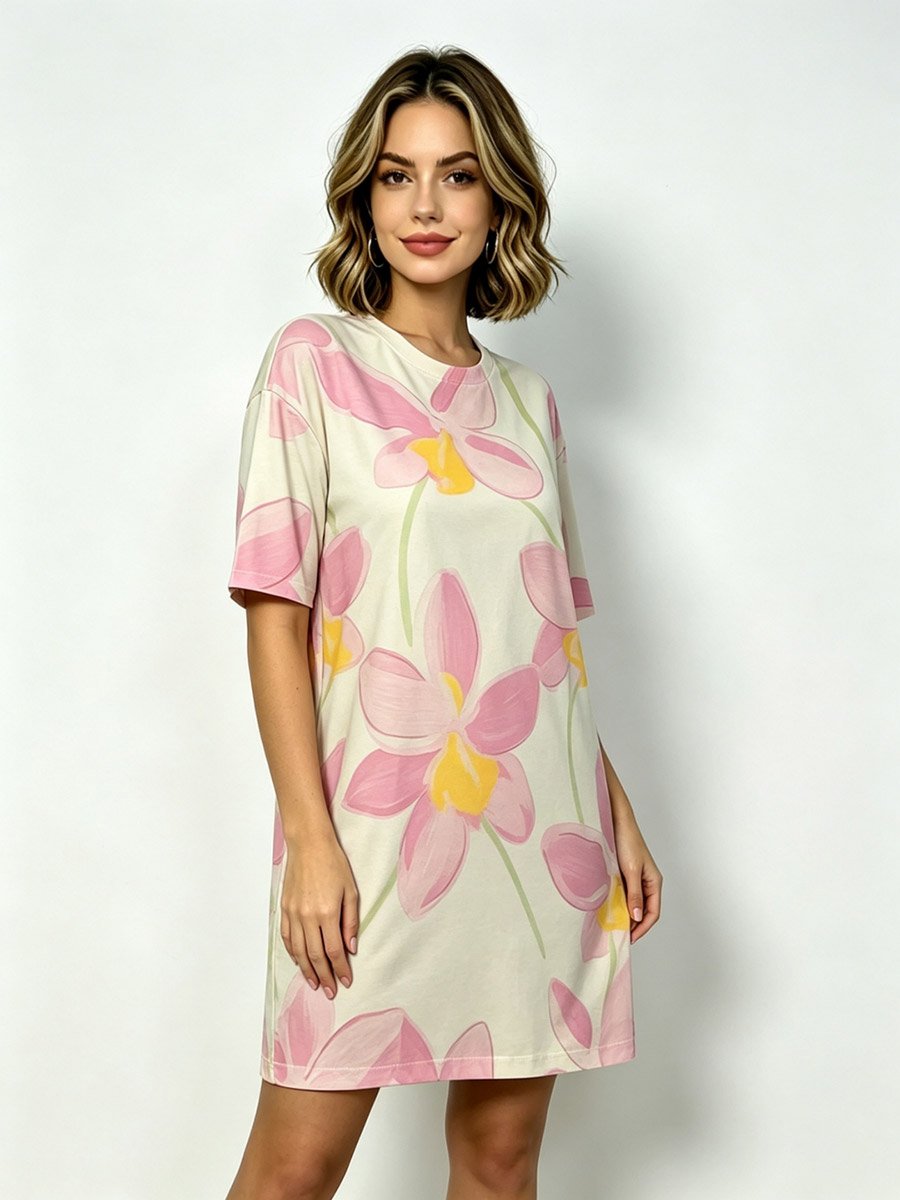 Orchid Print Sleep T‑Shirt with Crew Neck