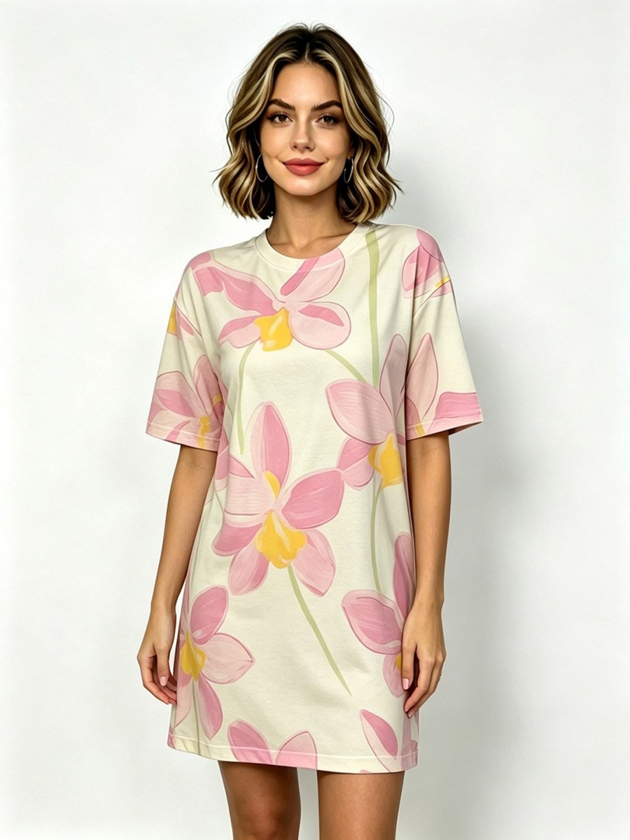 Orchid Print Sleep T‑Shirt with Crew Neck