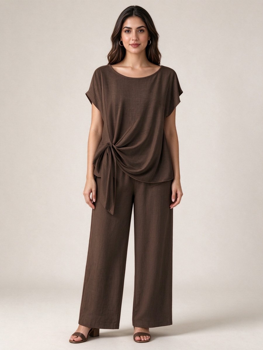 Coffee Brown Side Tie Top and Wide Leg Pants Set