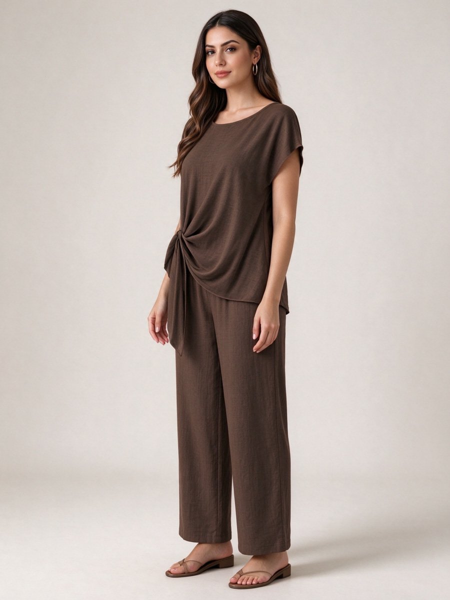 Coffee Brown Side Tie Top and Wide Leg Pants Set
