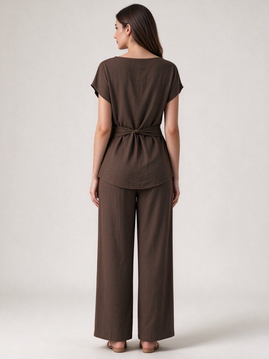 Coffee Brown Side Tie Top and Wide Leg Pants Set