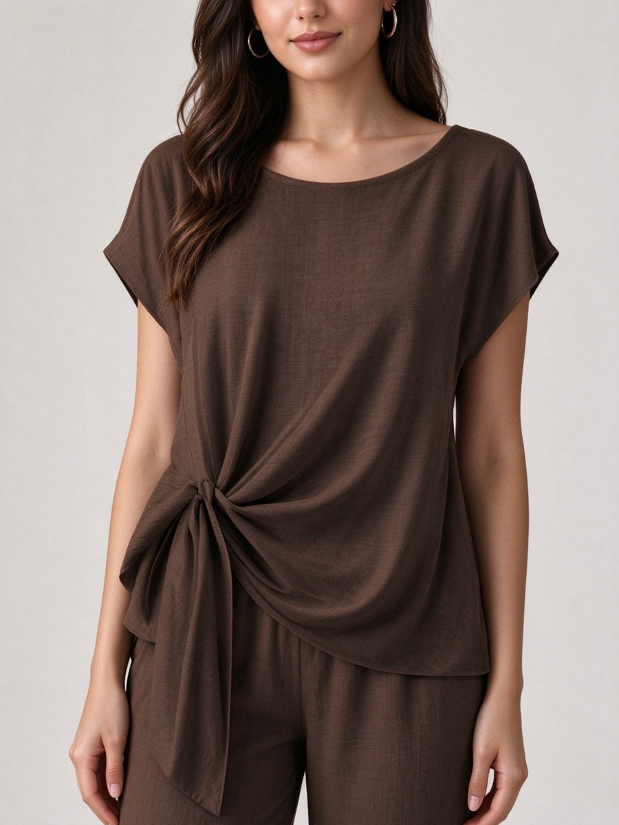 Coffee Brown Side Tie Top and Wide Leg Pants Set