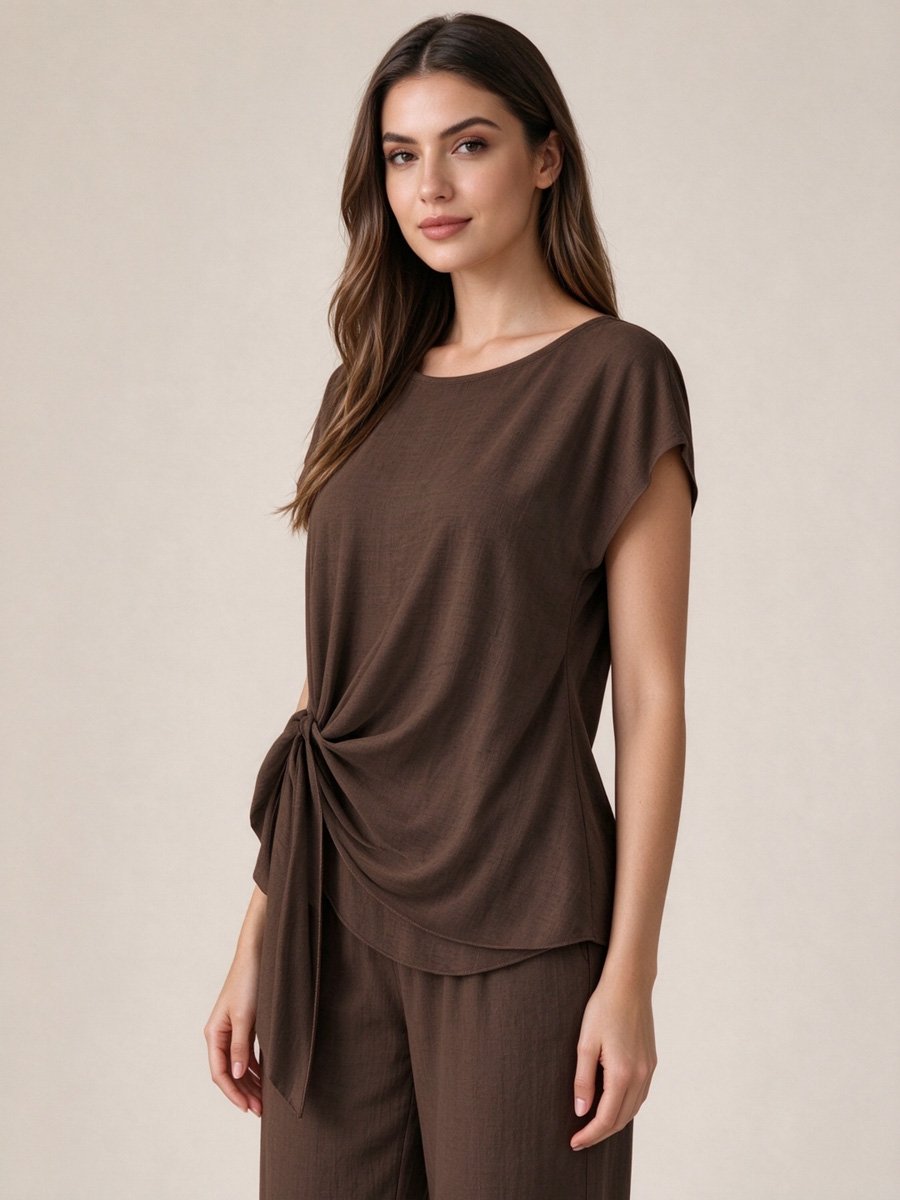 Coffee Brown Side Tie Top and Wide Leg Pants Set