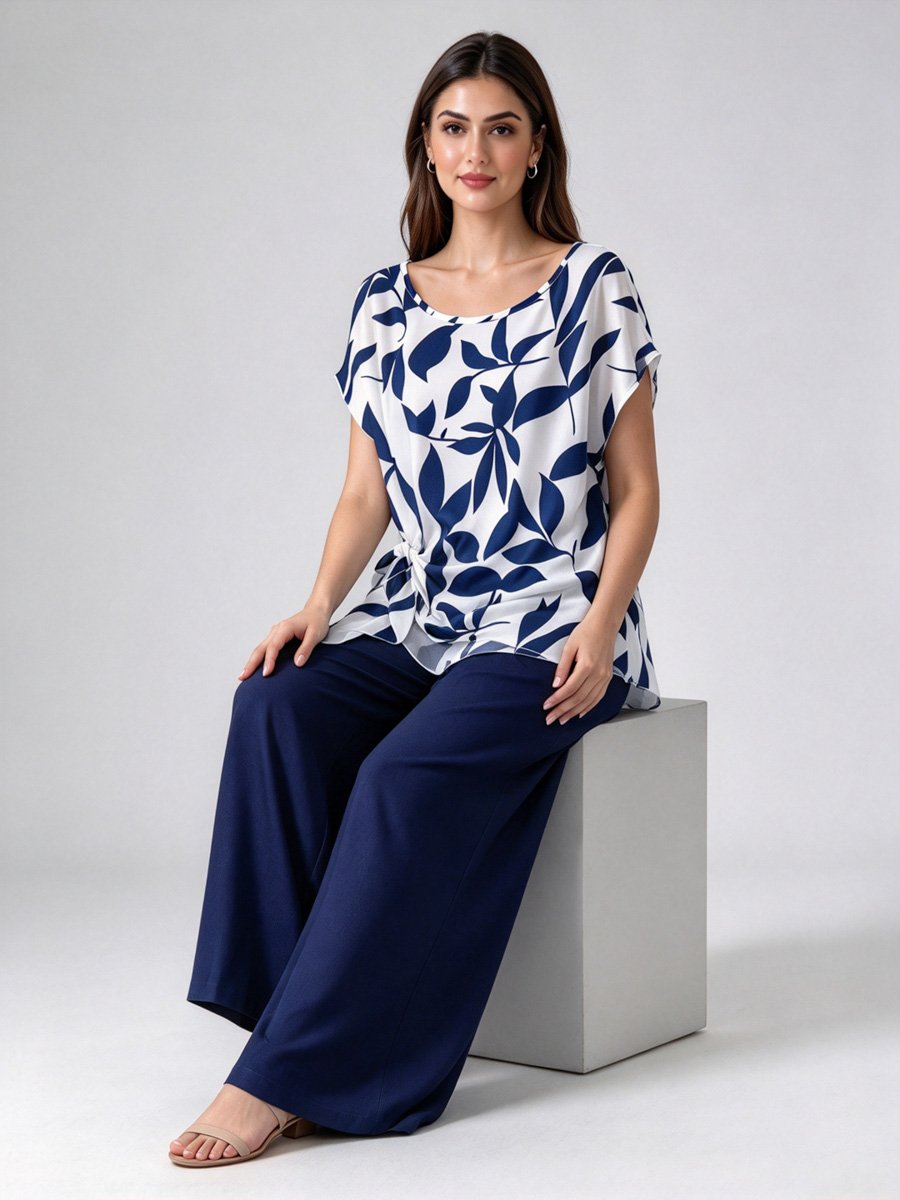 Leaf Print Batwing Top and Wide Leg Pants Co-Ord Set