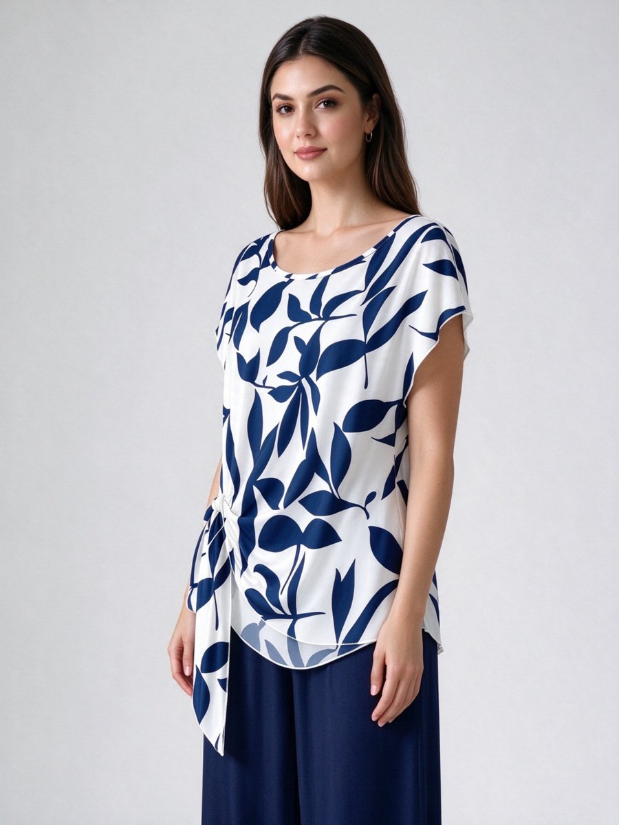 Leaf Print Batwing Top and Wide Leg Pants Co-Ord Set