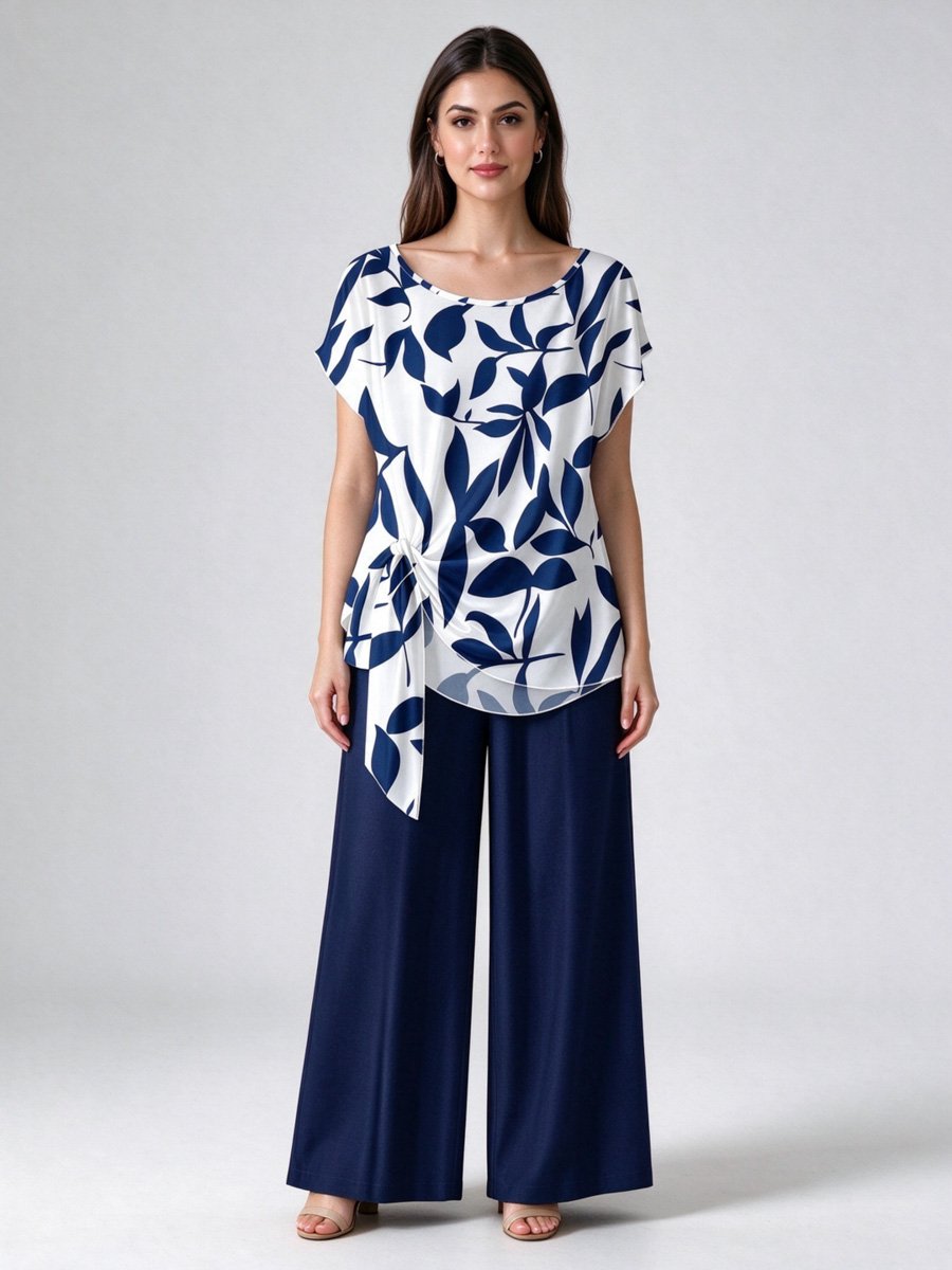 Leaf Print Batwing Top and Wide Leg Pants Co-Ord Set
