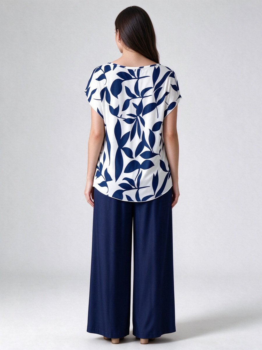 Leaf Print Batwing Top and Wide Leg Pants Co-Ord Set