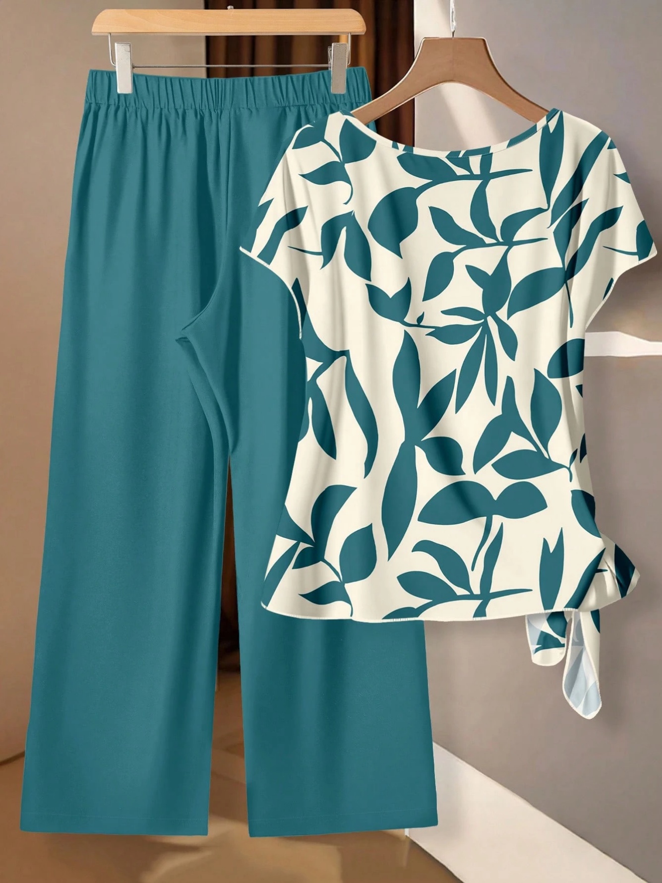 Leaf Print Top and Teal Wide-Leg Pants Co-Ord Set