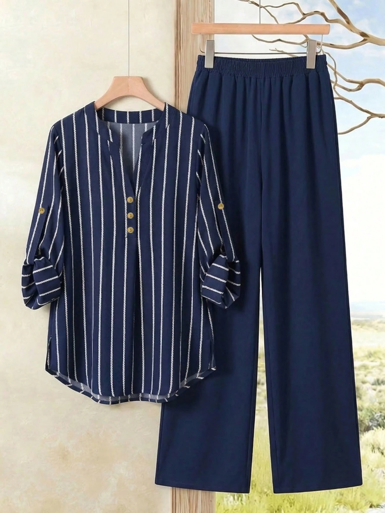 Navy Striped Tunic and Wide-Leg Pants Set 