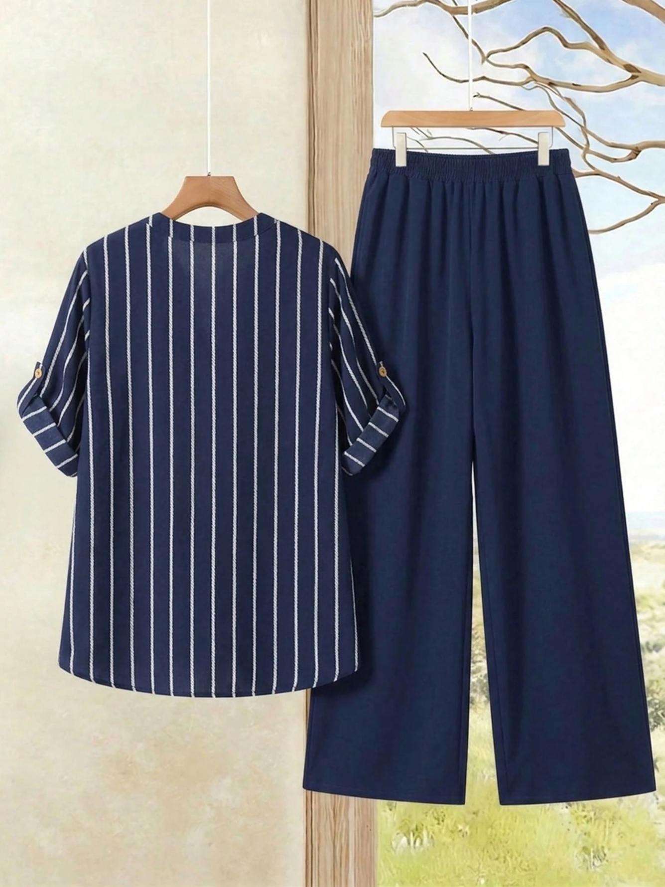 Navy Striped Tunic and Wide-Leg Pants Set 