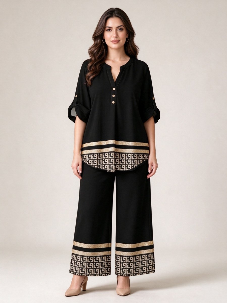 Black Geometric Wide Leg Pants Set