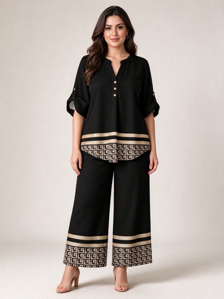 Black Geometric Wide Leg Pants Set