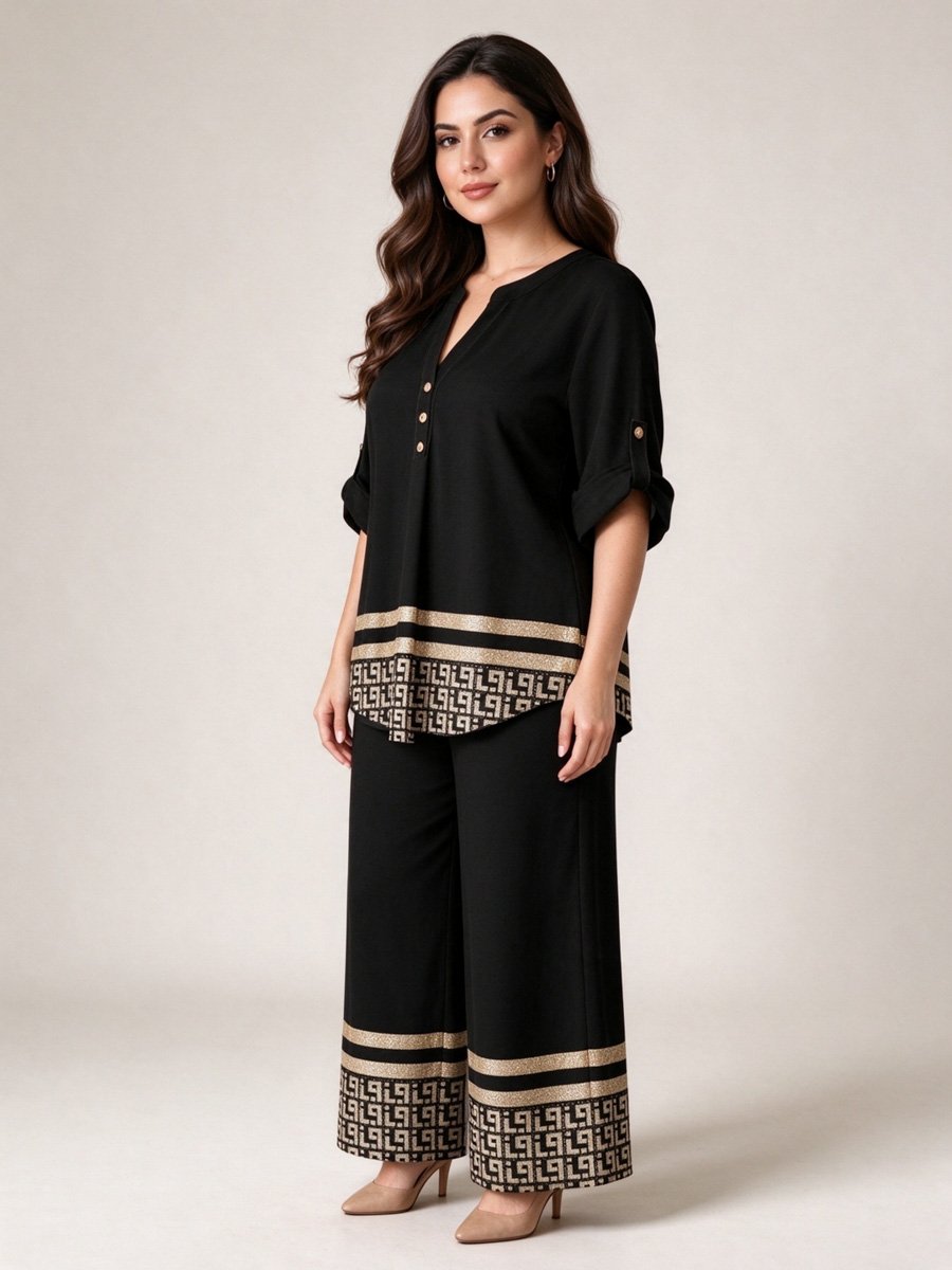 Black Geometric Wide Leg Pants Set