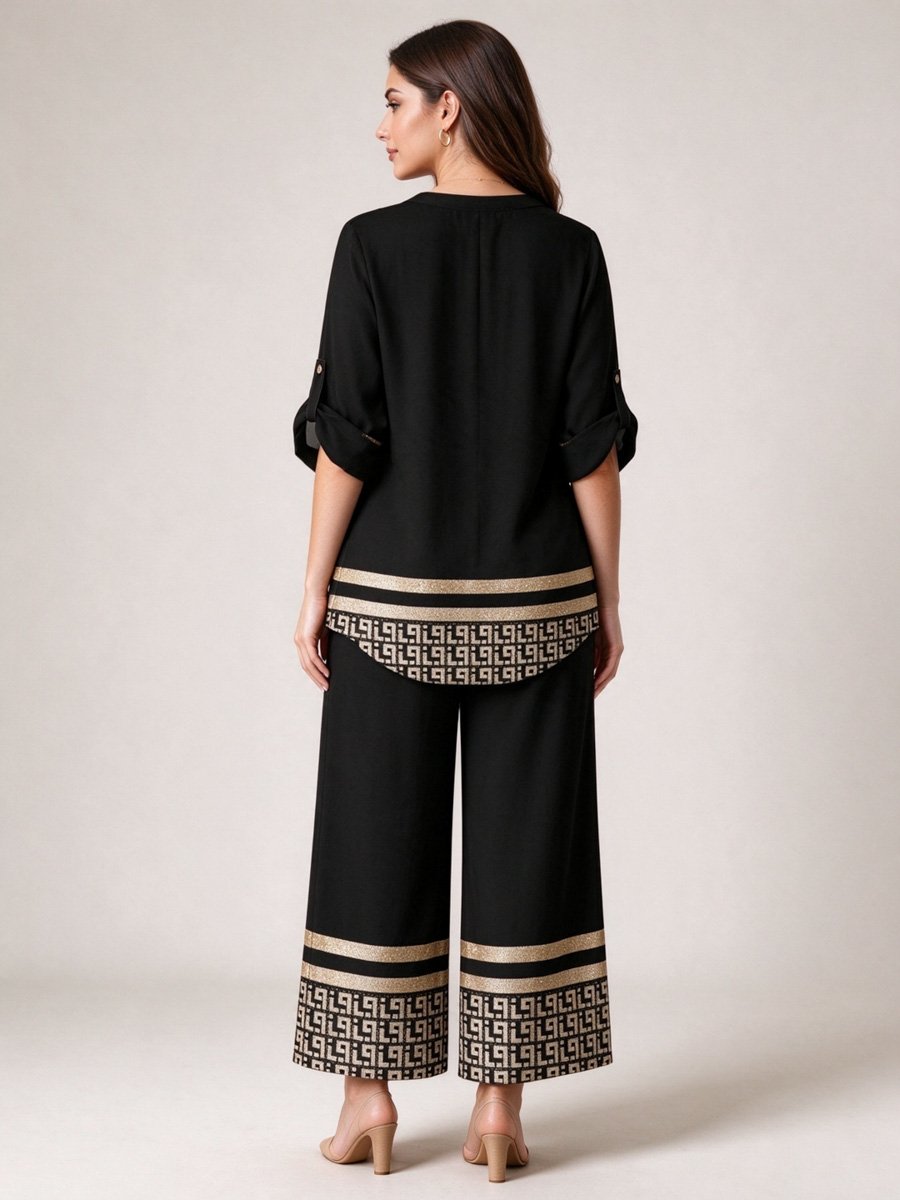 Black Geometric Wide Leg Pants Set