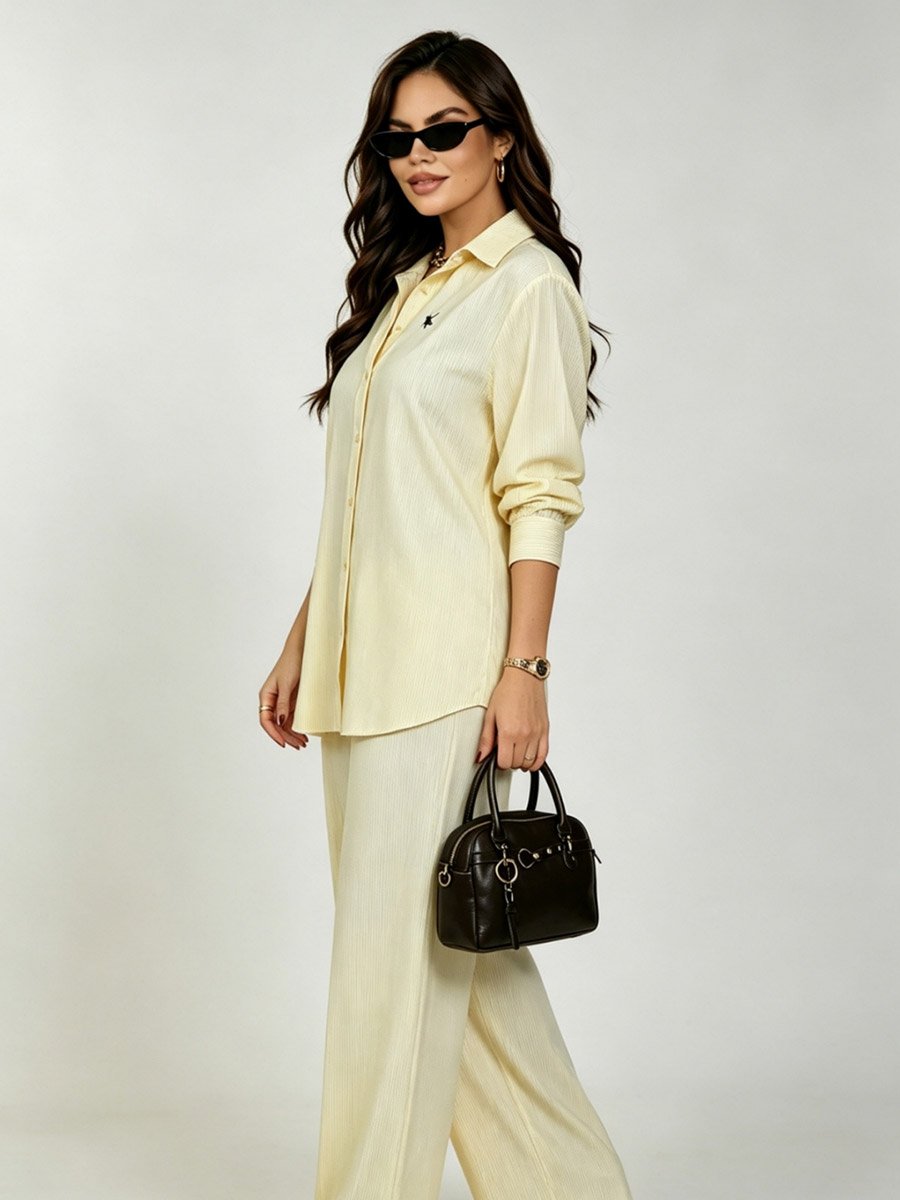 Yellow Striped Co-ord Set with Long-Sleeve Shirt and Wide-Leg Trousers