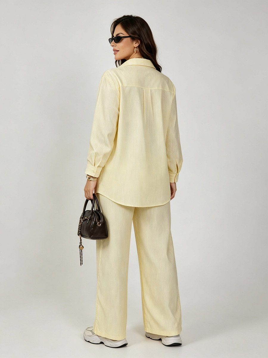 Yellow Striped Co-ord Set with Long-Sleeve Shirt and Wide-Leg Trousers