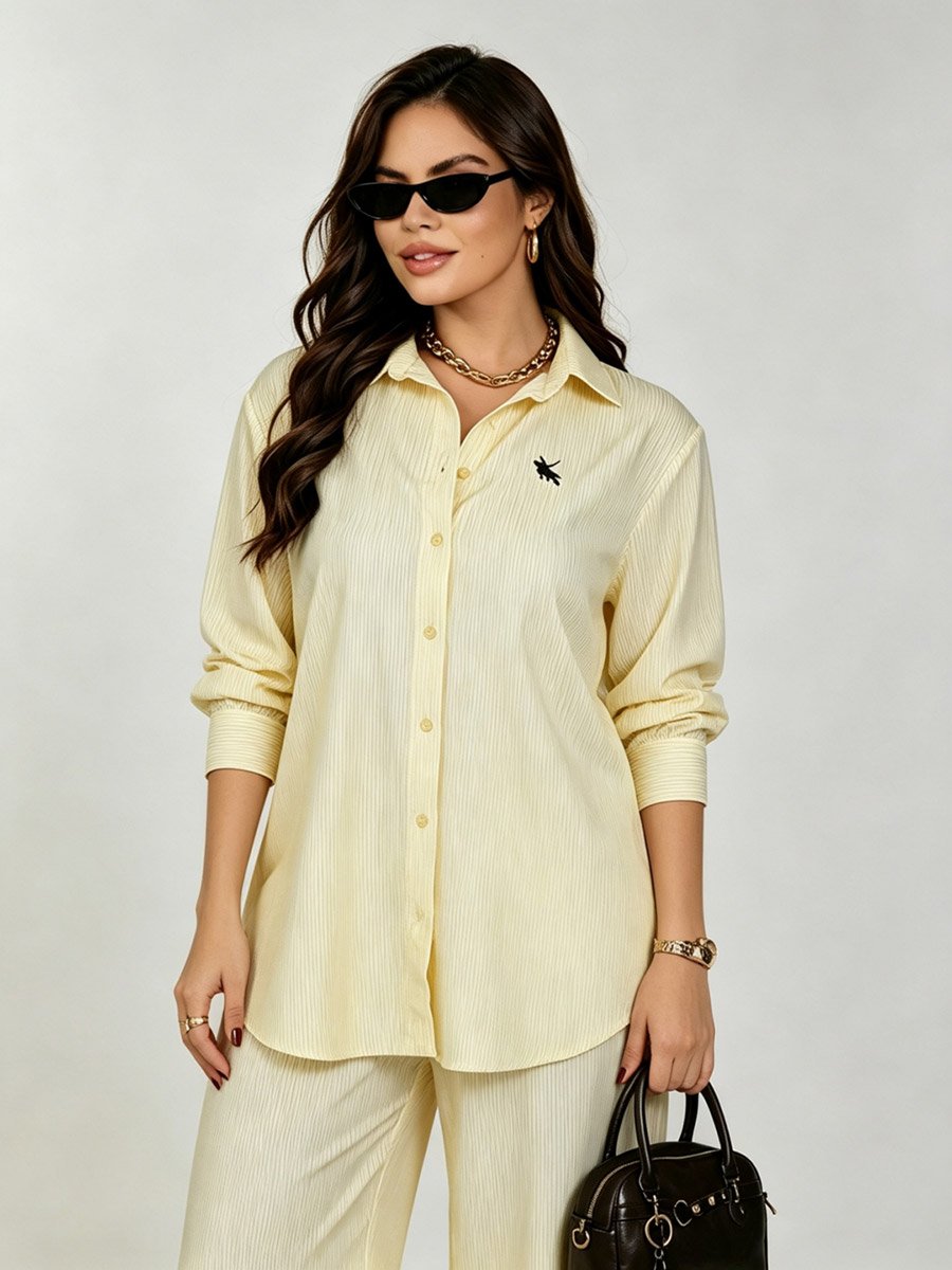 Yellow Striped Co-ord Set with Long-Sleeve Shirt and Wide-Leg Trousers