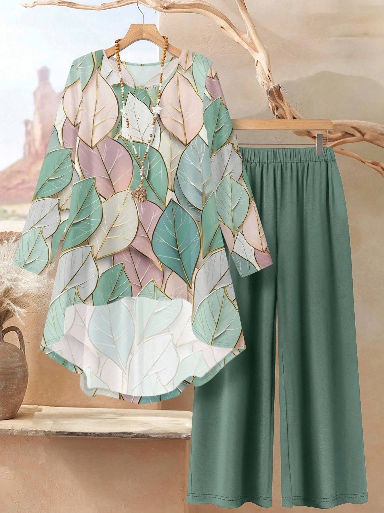 Green Leaf Print Tunic and Wide-Leg Pants Set