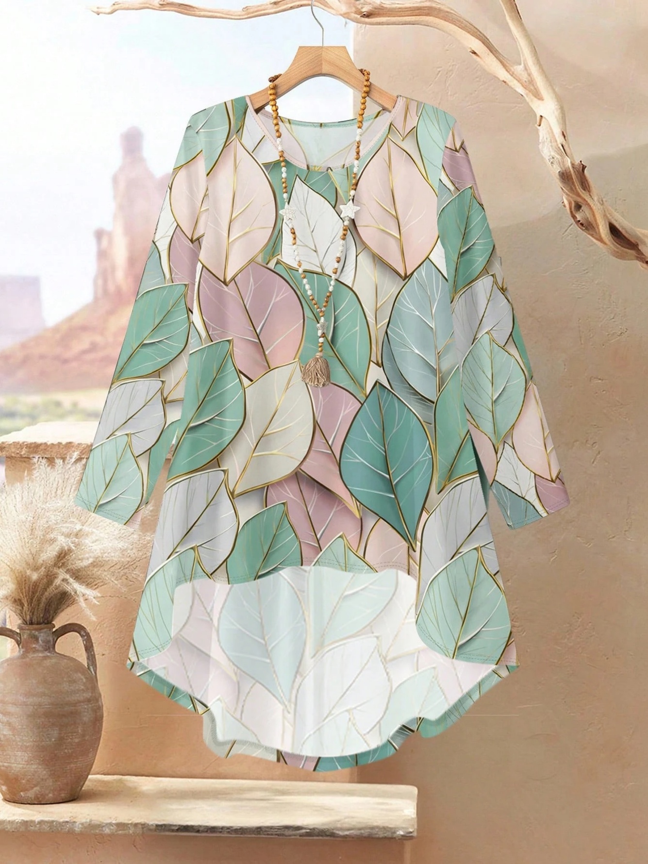 Green Leaf Print Tunic and Wide-Leg Pants Set