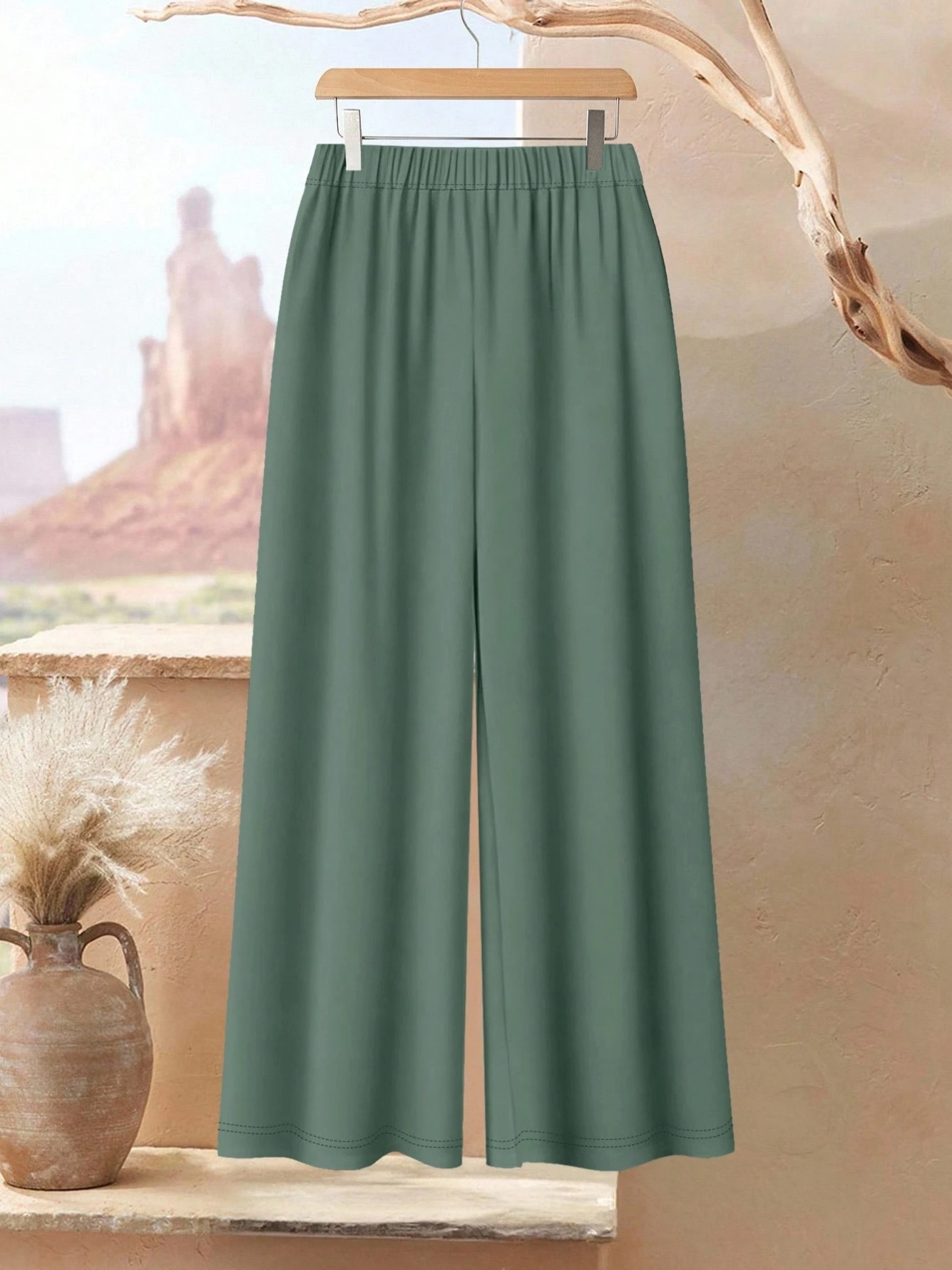 Green Leaf Print Tunic and Wide-Leg Pants Set