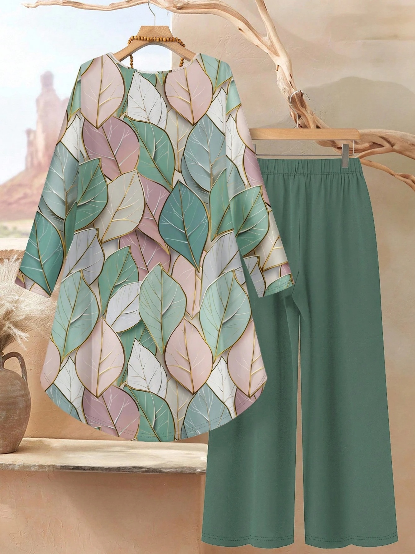 Green Leaf Print Tunic and Wide-Leg Pants Set