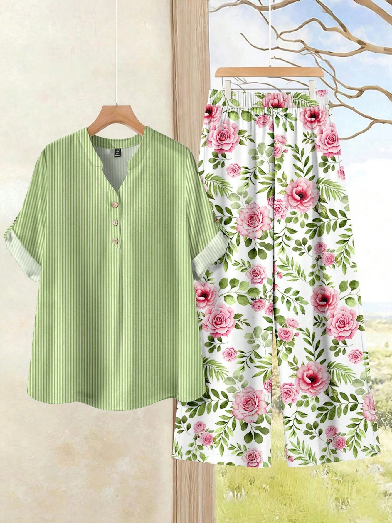 Green Stripe Blouse and Floral Pants Set