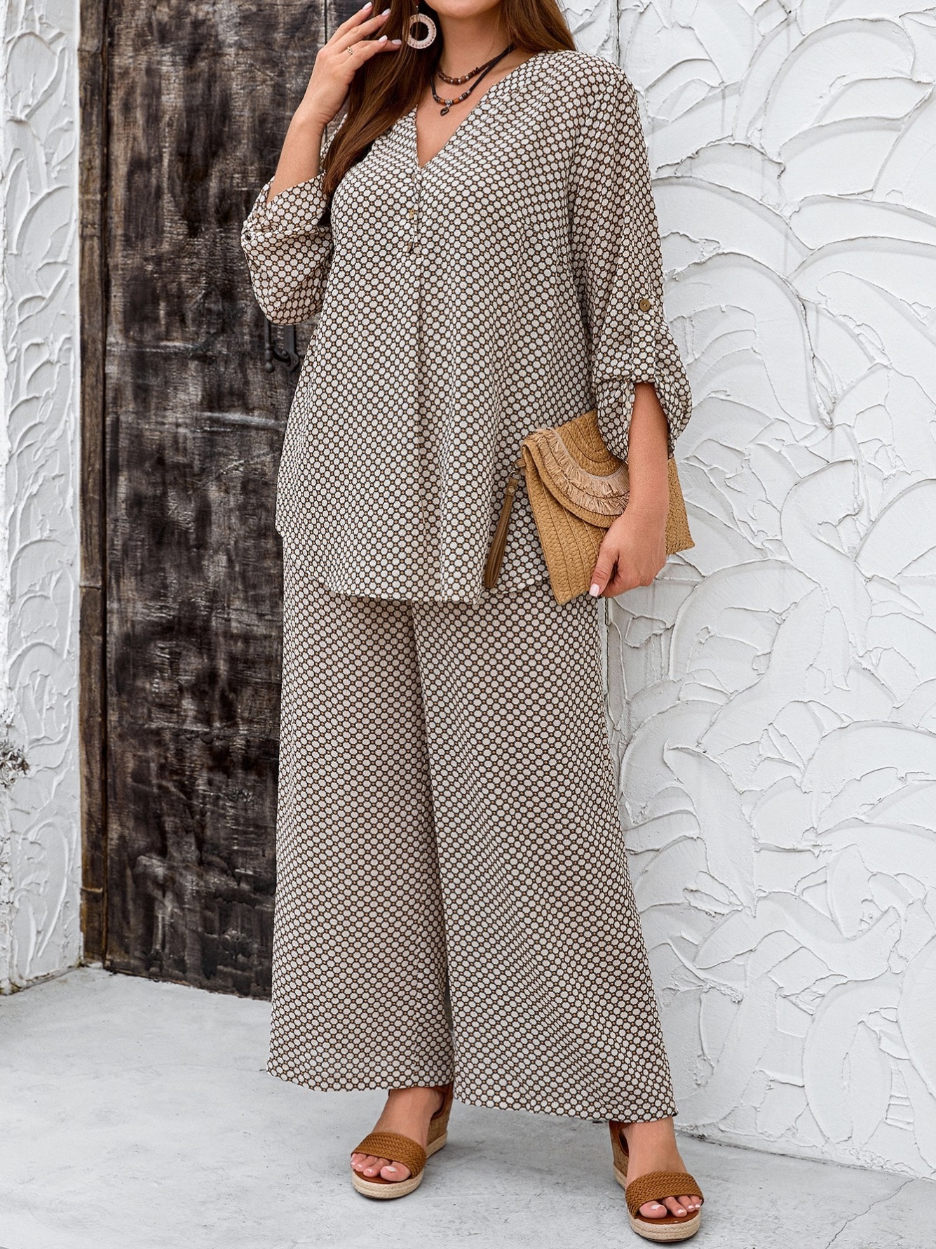 Brown Geometric Print Blouse and Wide-Leg Pants Co-ord Set