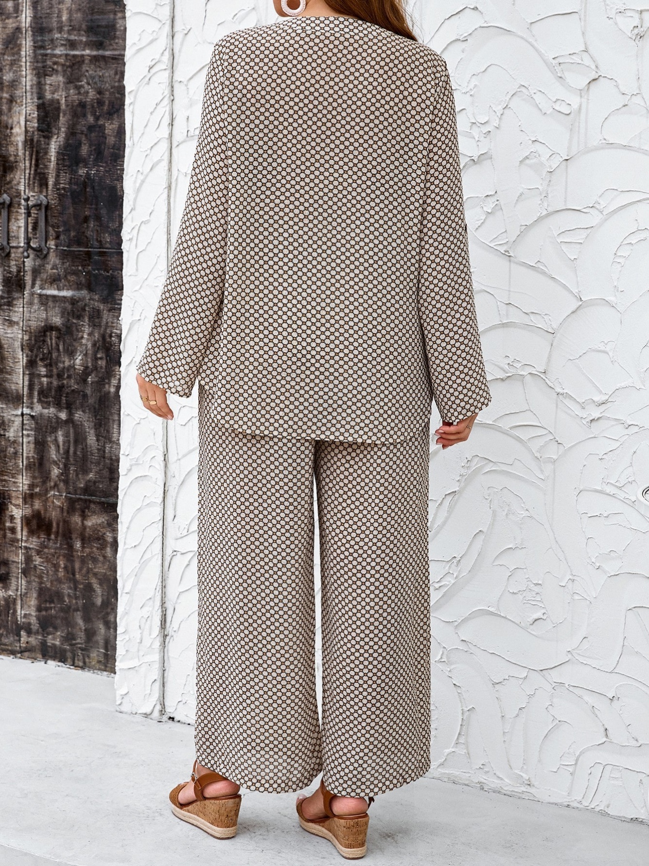 Brown Geometric Print Blouse and Wide-Leg Pants Co-ord Set
