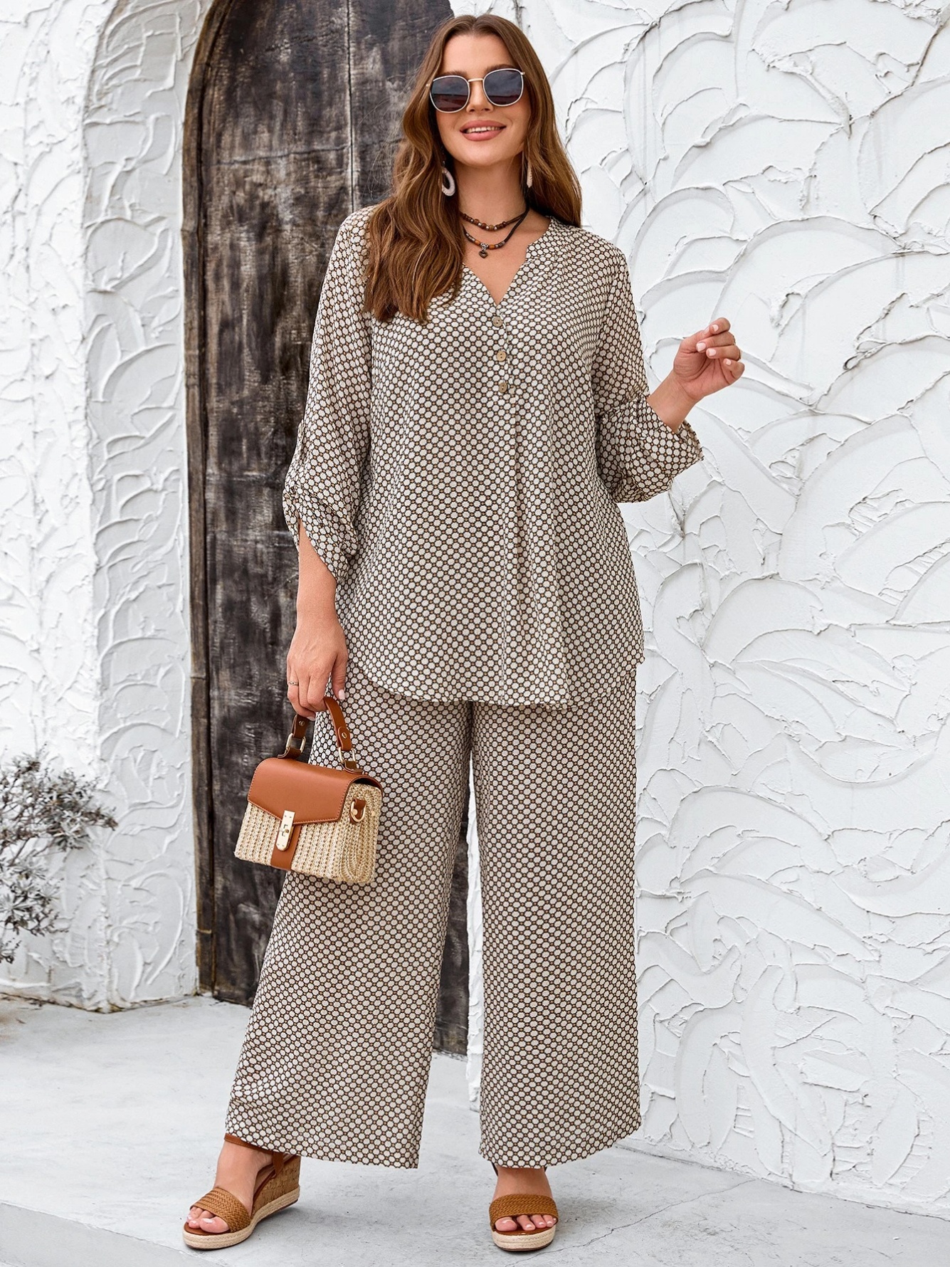 Brown Geometric Print Blouse and Wide-Leg Pants Co-ord Set