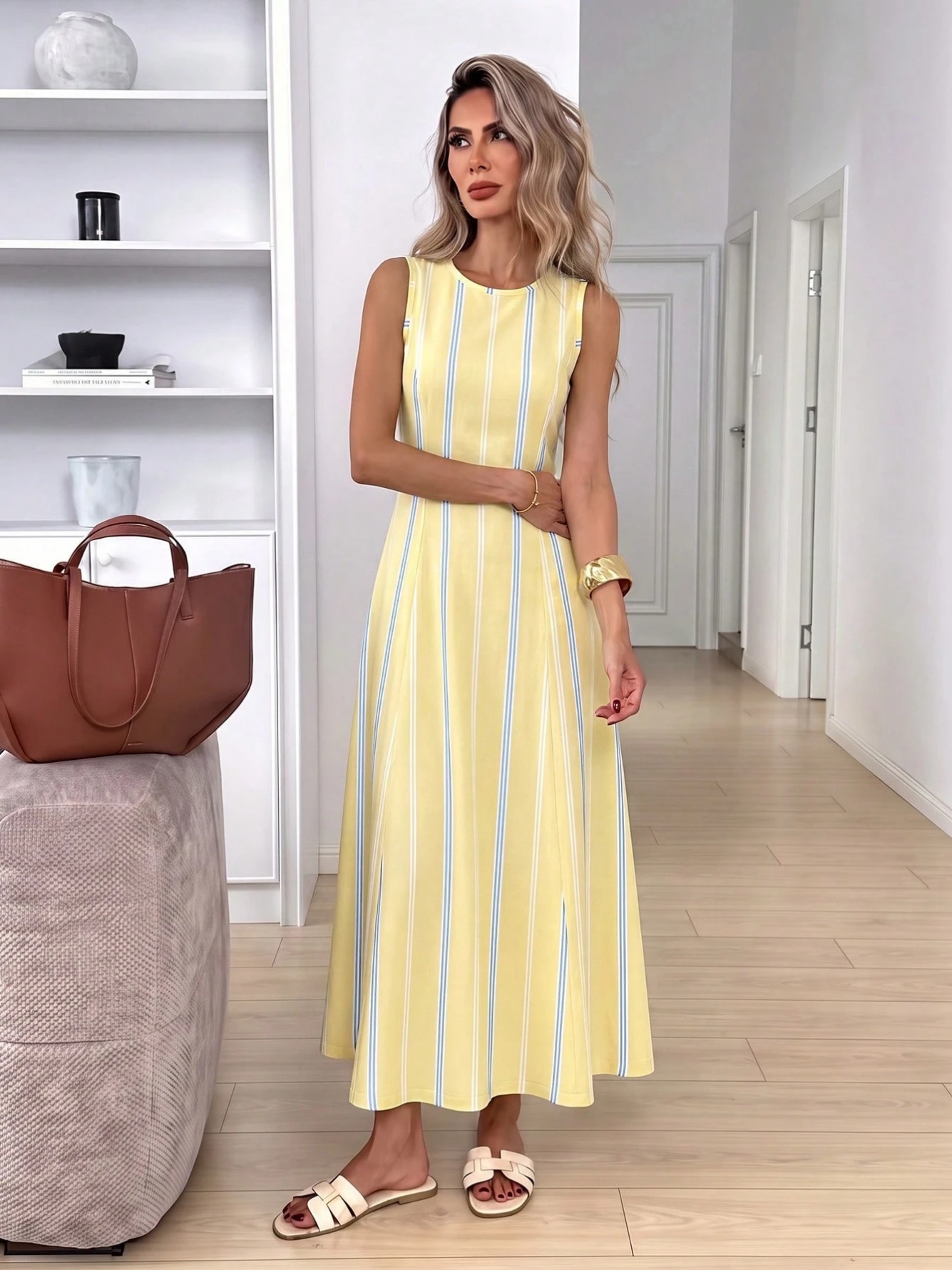 Striped Sleeveless A-Line Maxi Dress