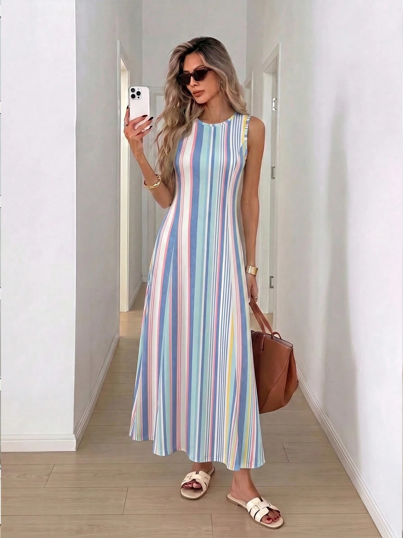 Striped Sleeveless A-Line Maxi Dress