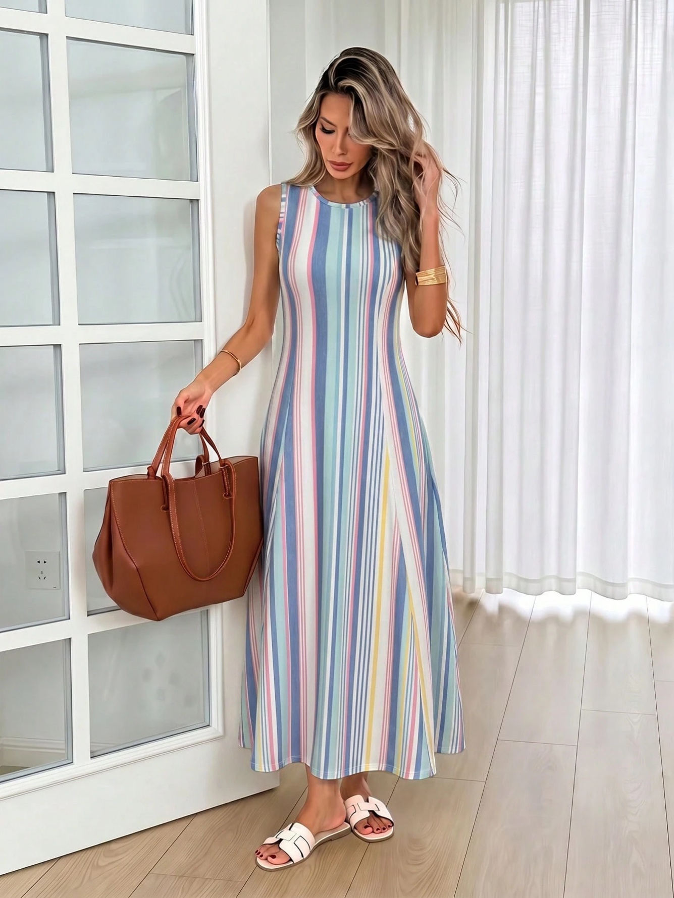 Striped Sleeveless A-Line Maxi Dress