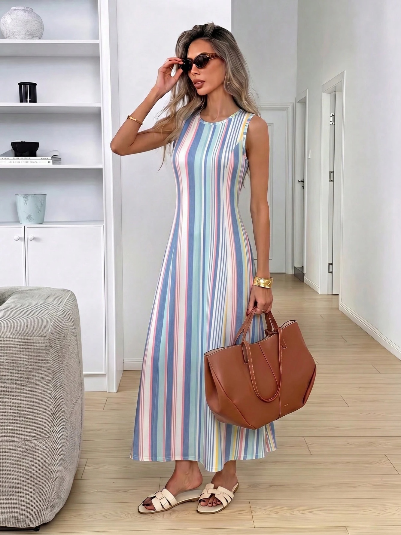 Striped Sleeveless A-Line Maxi Dress
