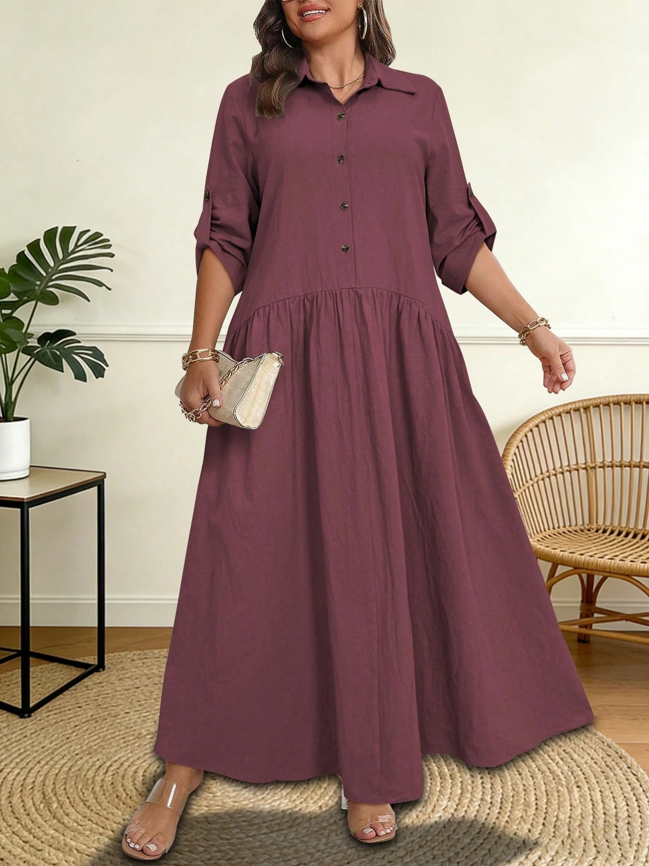 فستان قميص طويل بأكمام قابلة للطي باللون البرغندي