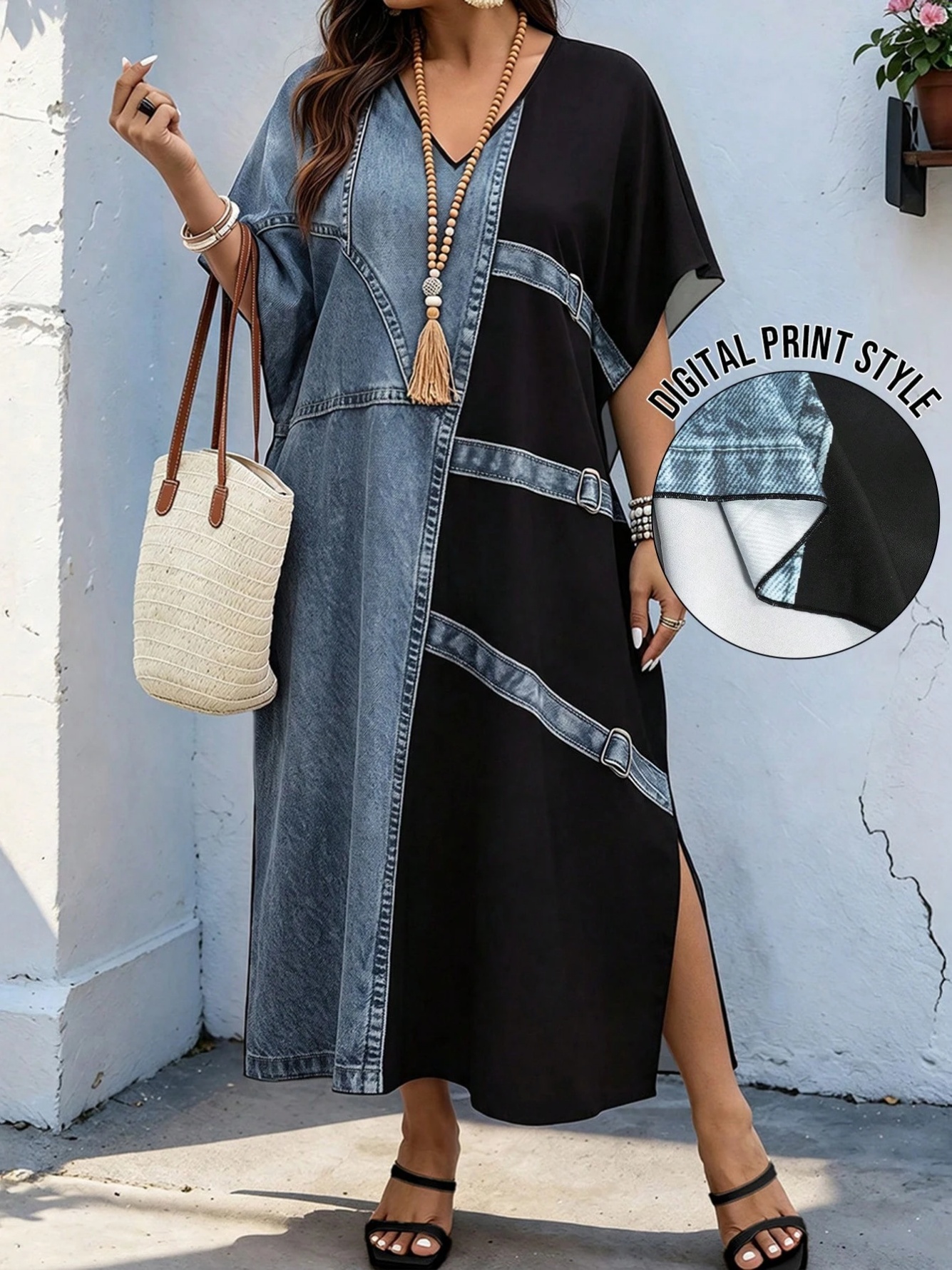 Color Block Maxi Dress with V-Neck and Batwing Sleeves