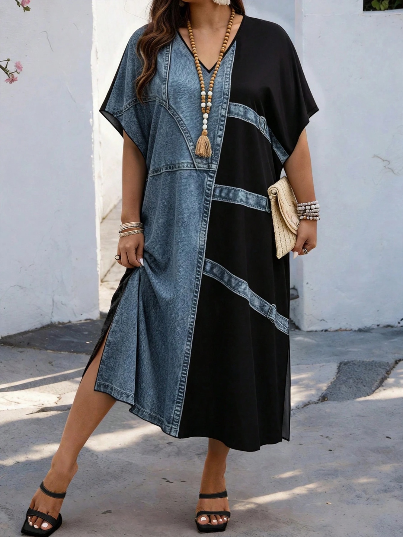 Color Block Maxi Dress with V-Neck and Batwing Sleeves