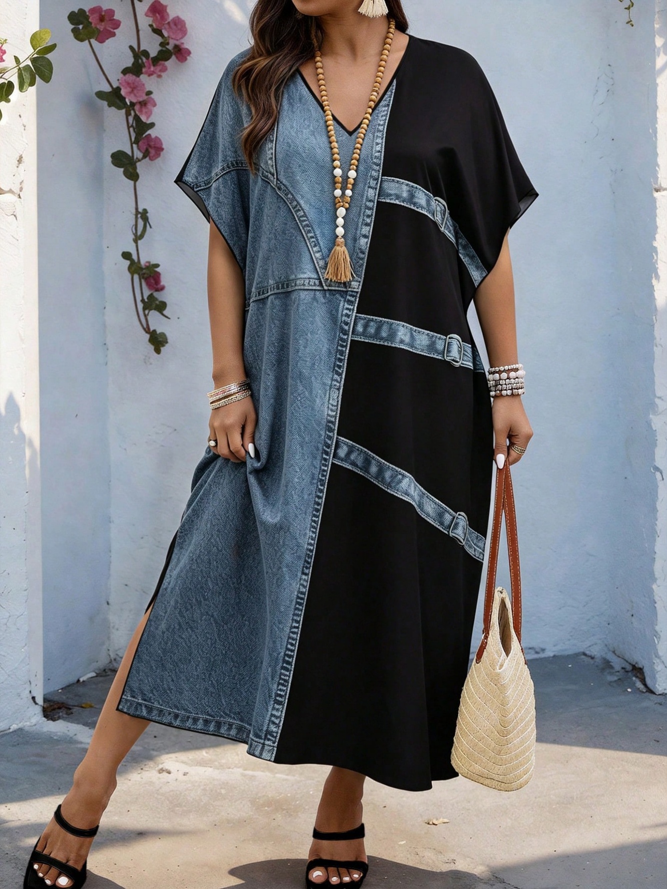 Color Block Maxi Dress with V-Neck and Batwing Sleeves