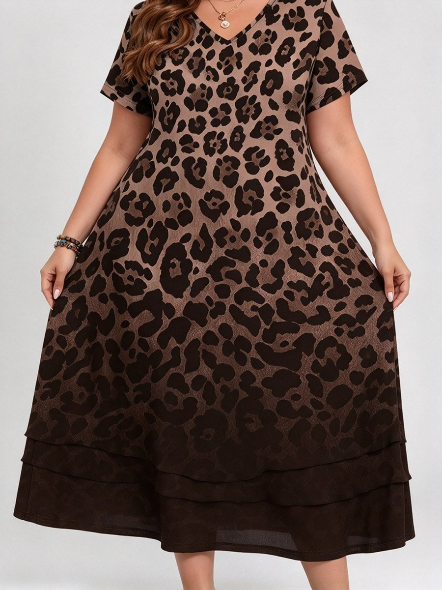 Brown Leopard Print Maxi Dress with V-Neck