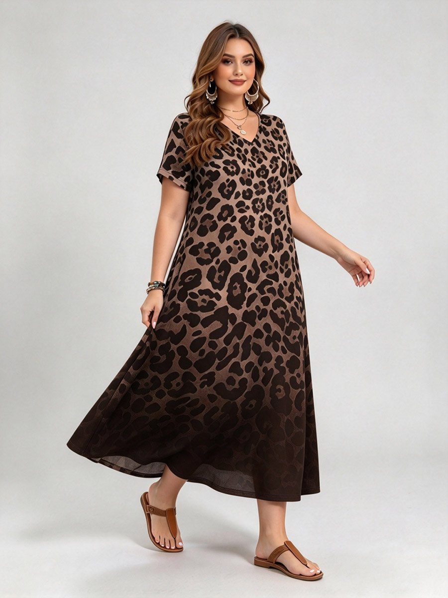 Brown Leopard Print Maxi Dress with V-Neck