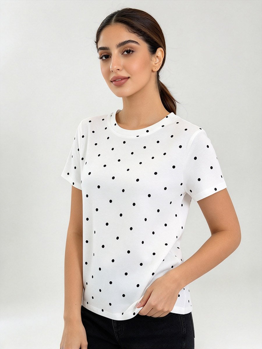 White Black Polka Dot T‑Shirt with Crew Neck 