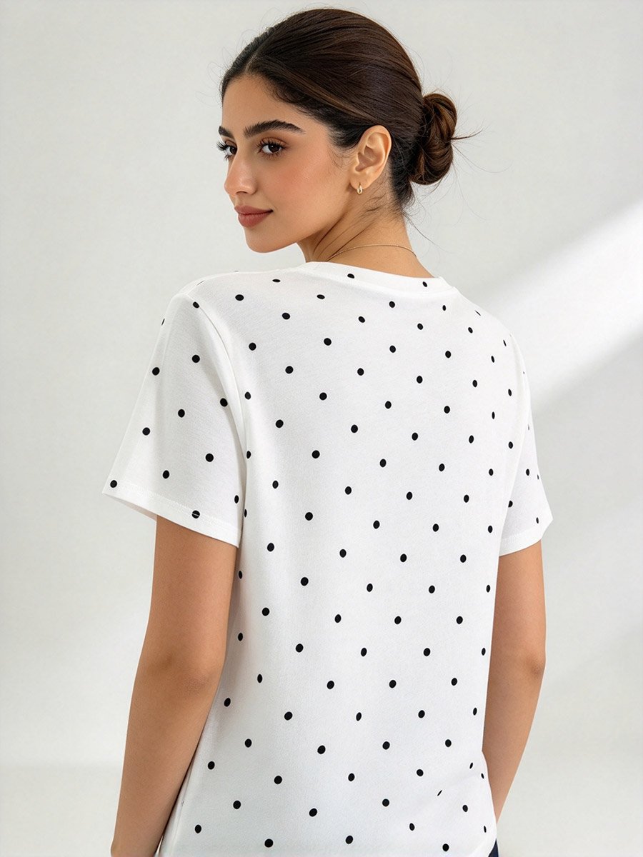White Black Polka Dot T‑Shirt with Crew Neck 