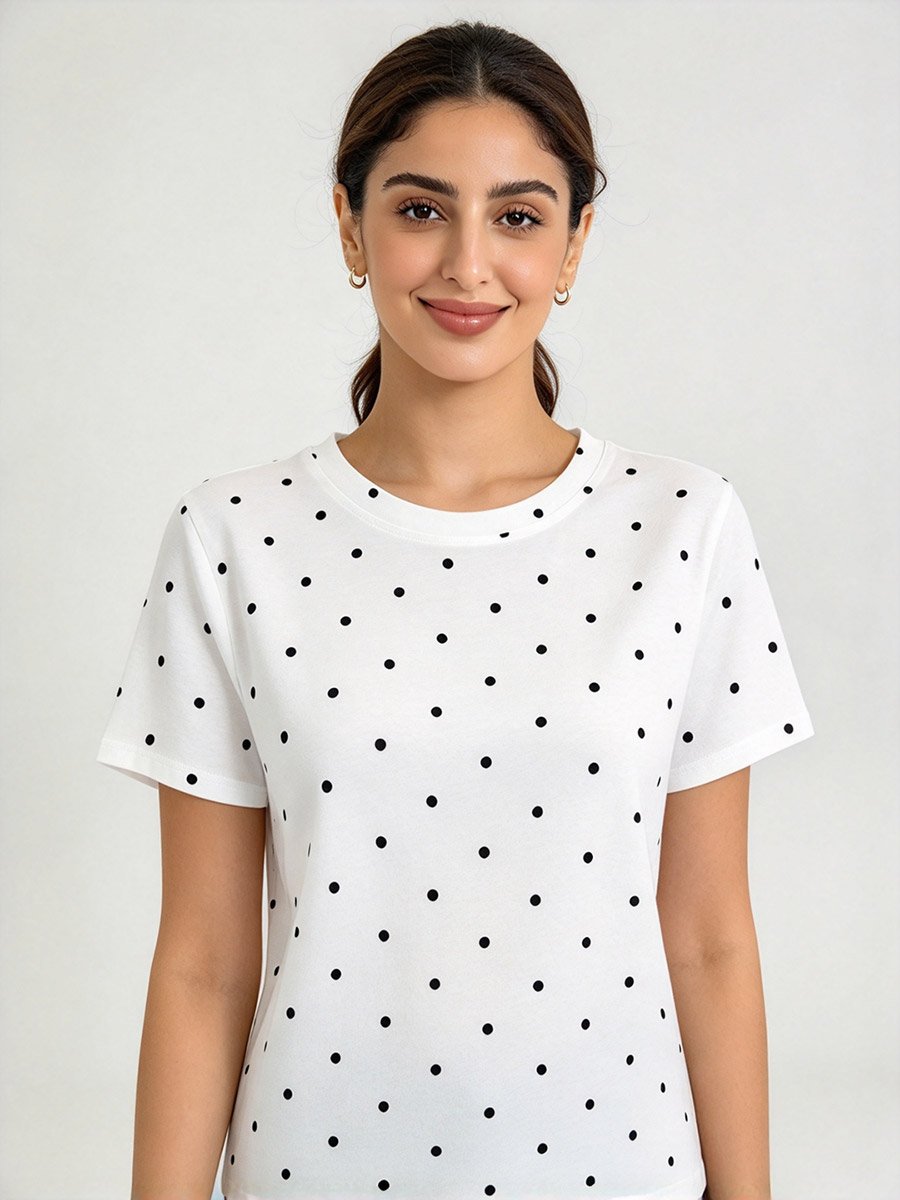 White Black Polka Dot T‑Shirt with Crew Neck 