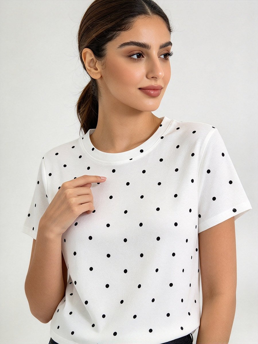 White Black Polka Dot T‑Shirt with Crew Neck 